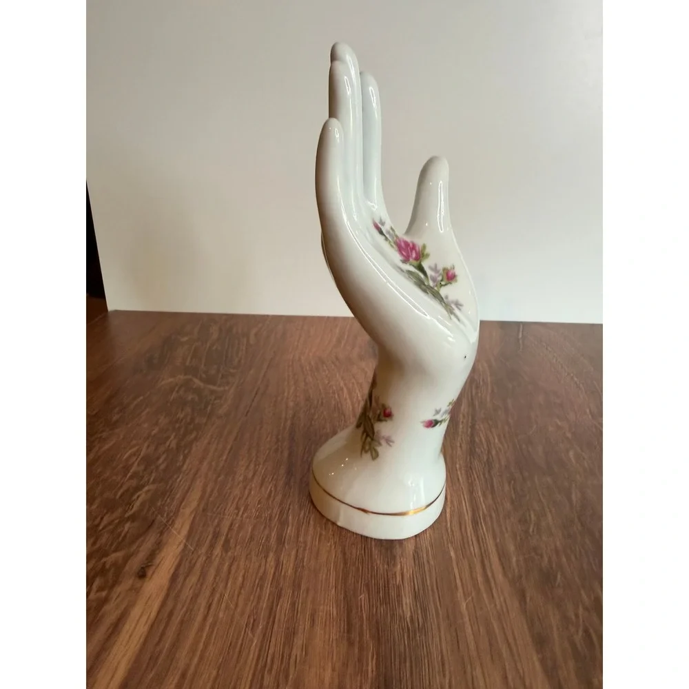 Vintage Porcelain Floral Hand Ring Holder Jewelry Display Rose Gold Trim